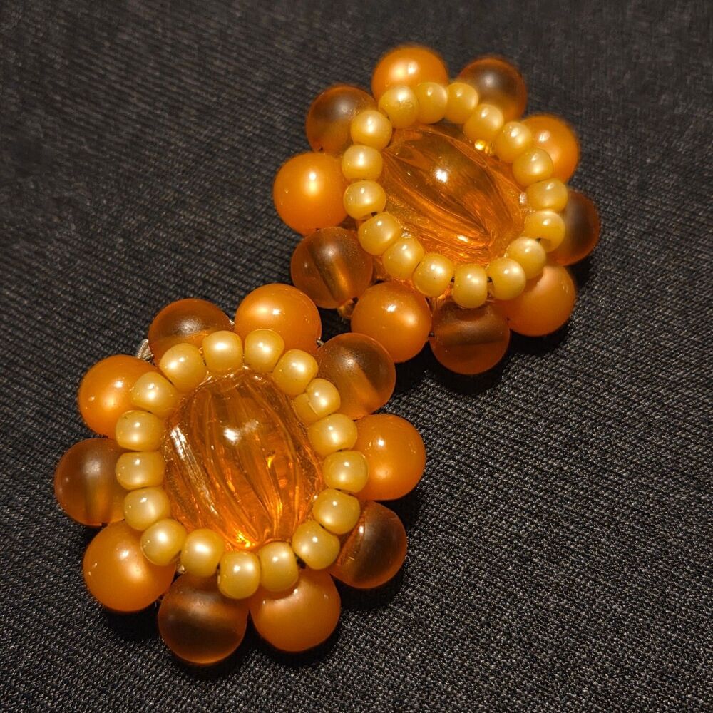 BEAU JEWEL 1950'S Clip On Earrings Beaded Orange